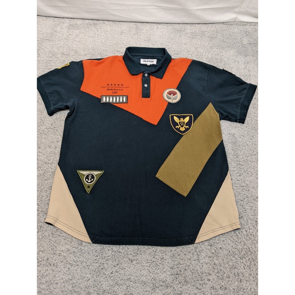 Reason Military‎ Polo Shirt Colorblock Embroidered Patches Mens XL Streetwear